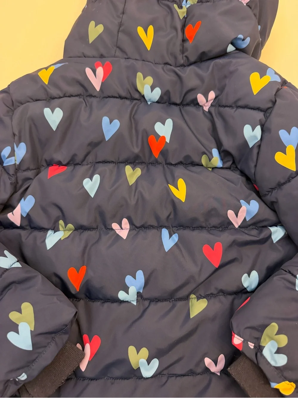 Primary Girls' Heart Print Puffer coat  Navy with Multicolor Hearts size 5